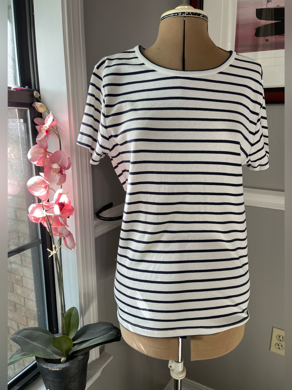 J. Crew White and Navy Striped Short-Sleeve Tee